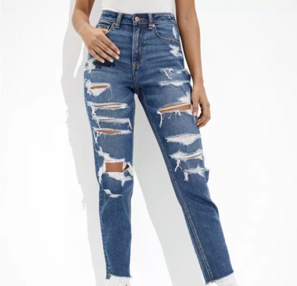 American Eagle Mom Jeans High Rise Straight Leg Ripped Jeans Size 0